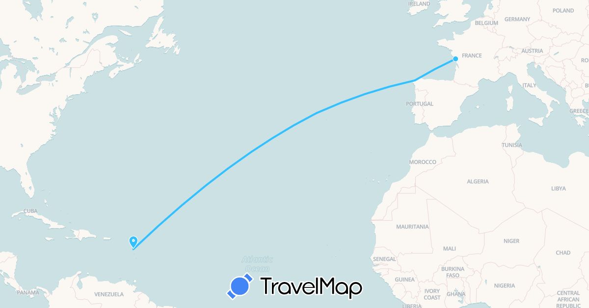 TravelMap itinerary: boat in Spain, Guadeloupe, Portugal (Europe, North America)